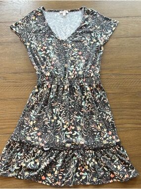 LC Lauren Conrad Black Floral V-Neck Smocked Waist Dress